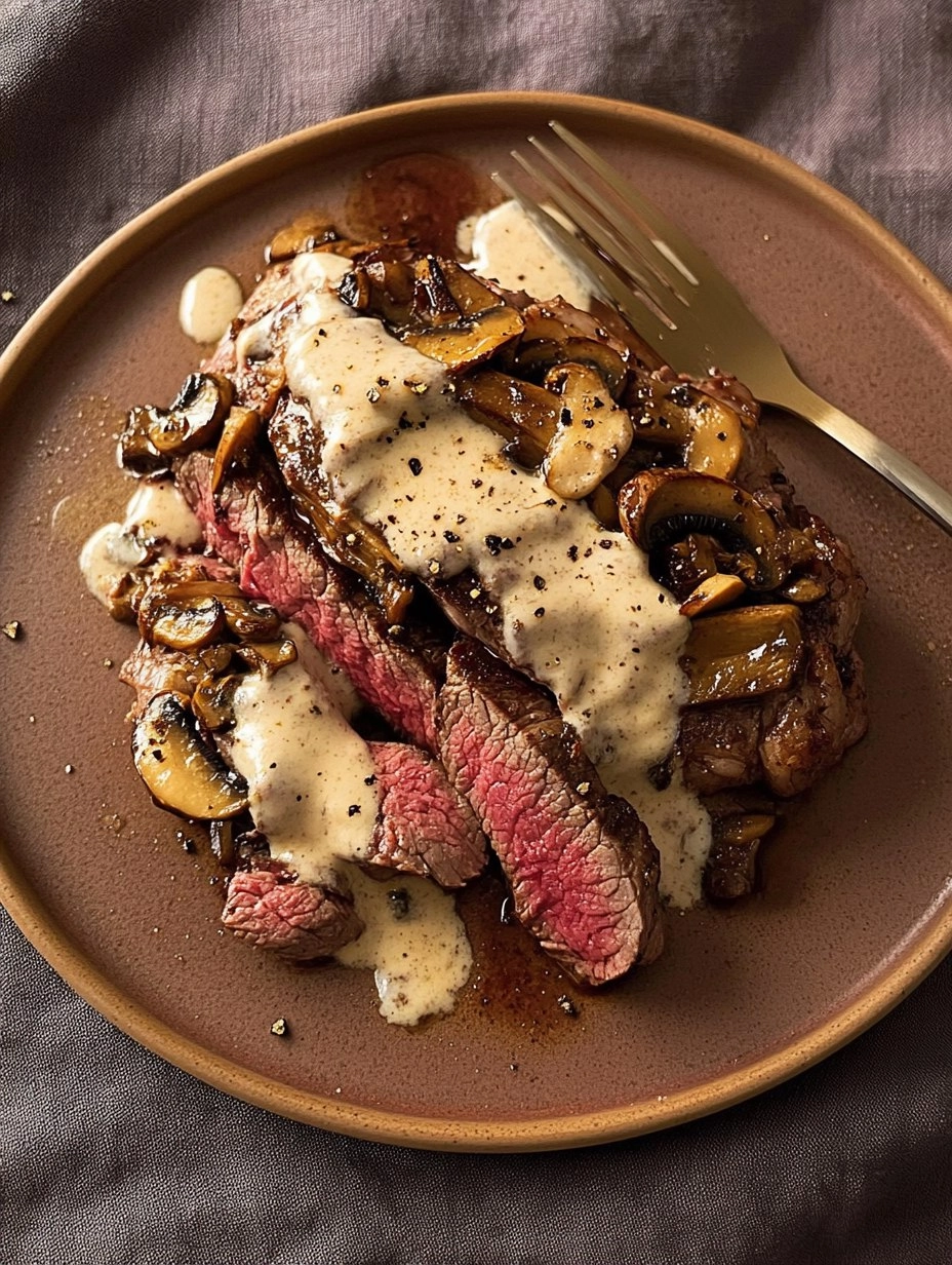 Pink Roasted Steak with Mushroom Sauce 