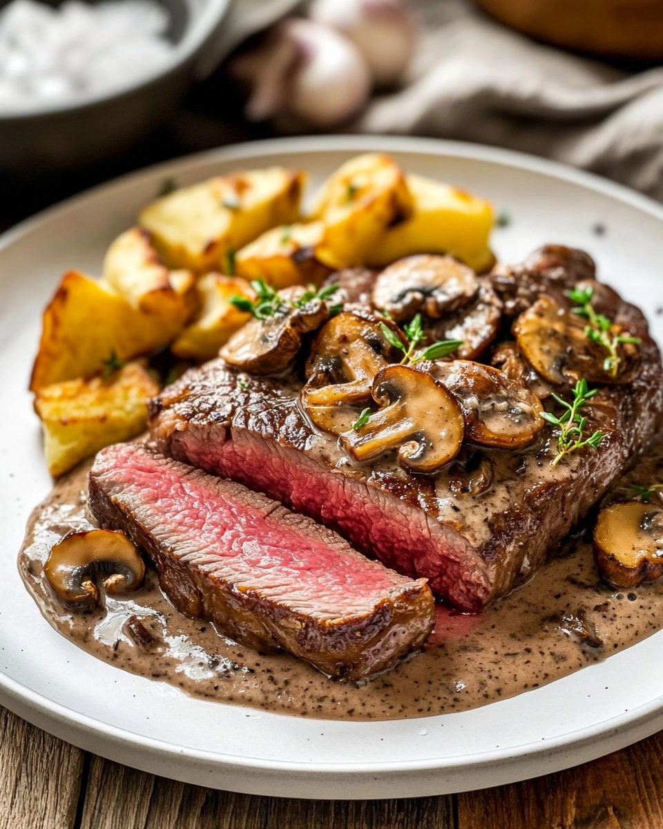 Pink Roasted Steak with Mushroom Sauce 