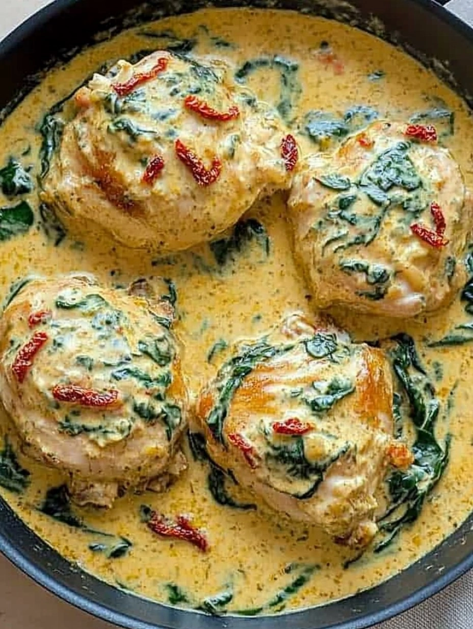 One-Pan Creamy Tuscan Chicken Thighs with Spinach & Sun-Dried Tomatoes