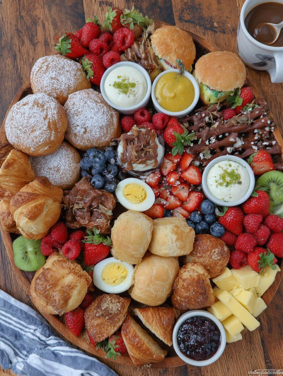 Spring Brunch Board with Eggs, Pastries, Fruit & Dips