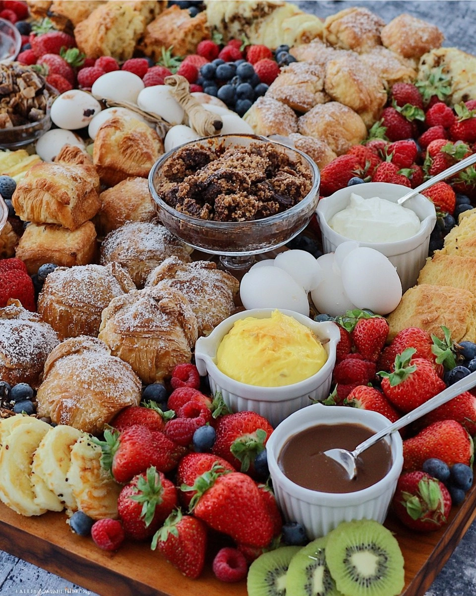 Spring Brunch Board with Eggs, Pastries, Fruit & Dips