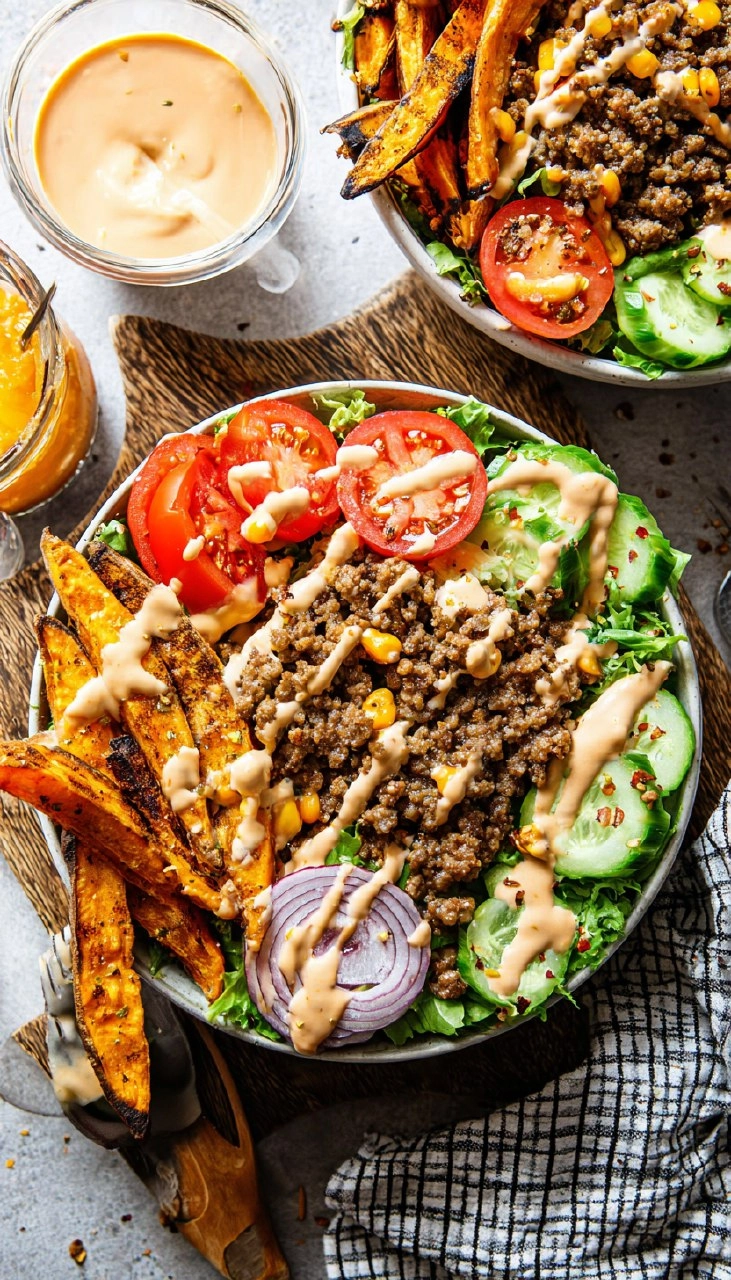 Burger Bowls with Chipotle Ranch Sweet Potato Fries 115 Burger Bowls with Chipotle Ranch Sweet Potato Fries