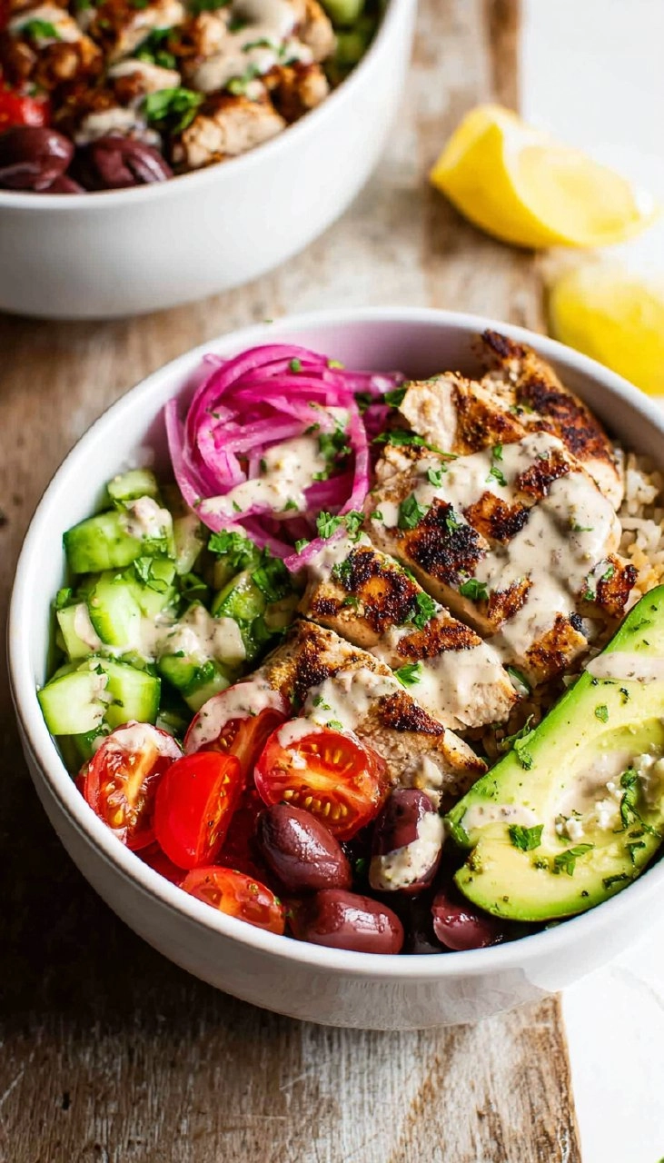 Greek Chicken Bowls with Lemon Garlic Tahini Sauce (Healthy Mediterranean Bowls)