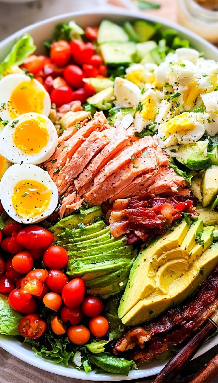 Salmon Cobb Salad with Avocado and Bacon (Whole30, Keto) 95 Salmon Cobb Salad with Avocado and Bacon (Whole30, Keto)
