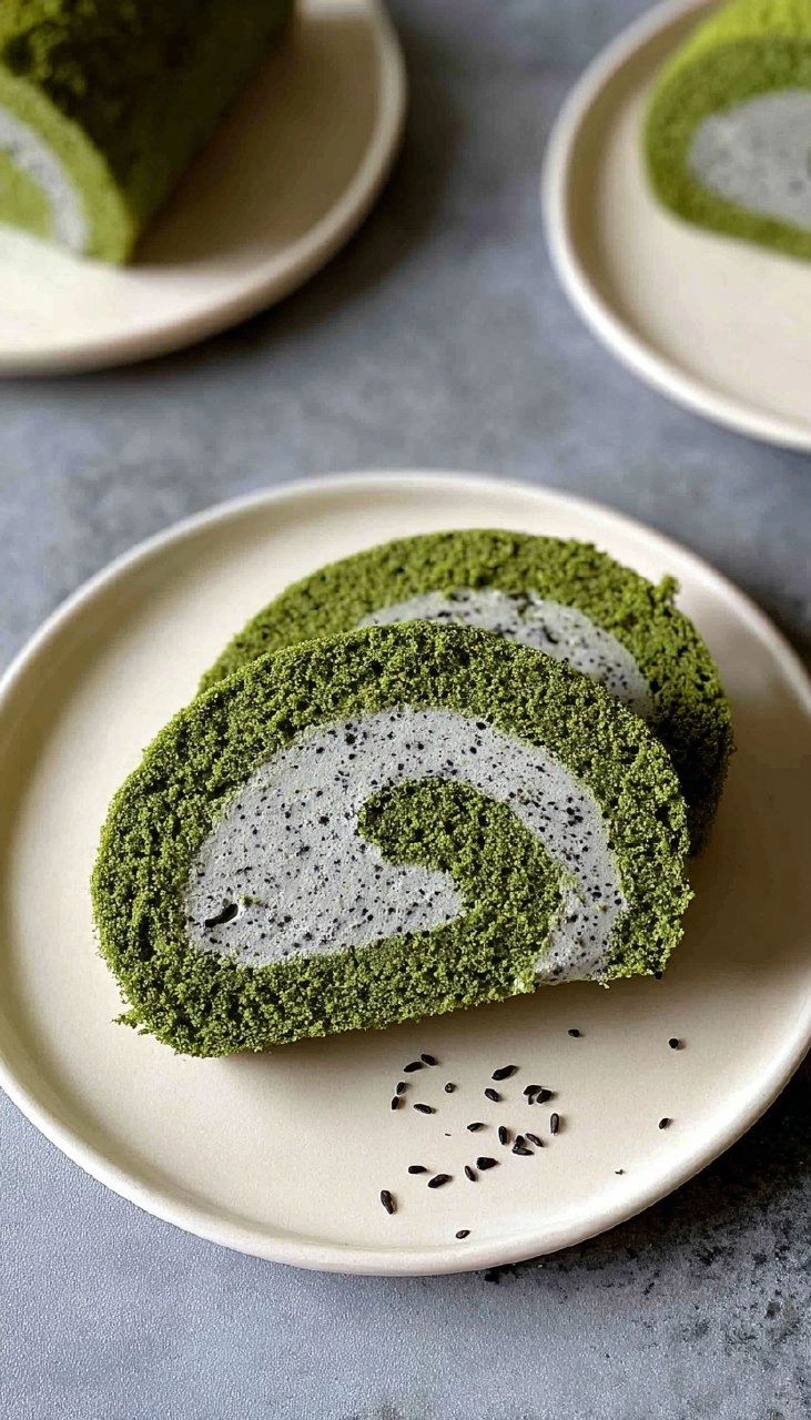 Matcha Swiss Roll Cake with Black Sesame Mousse