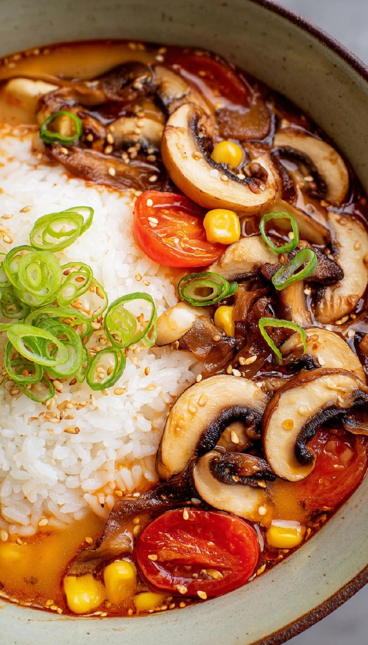 Tomato Miso Soup with Garlic Sesame Mushrooms